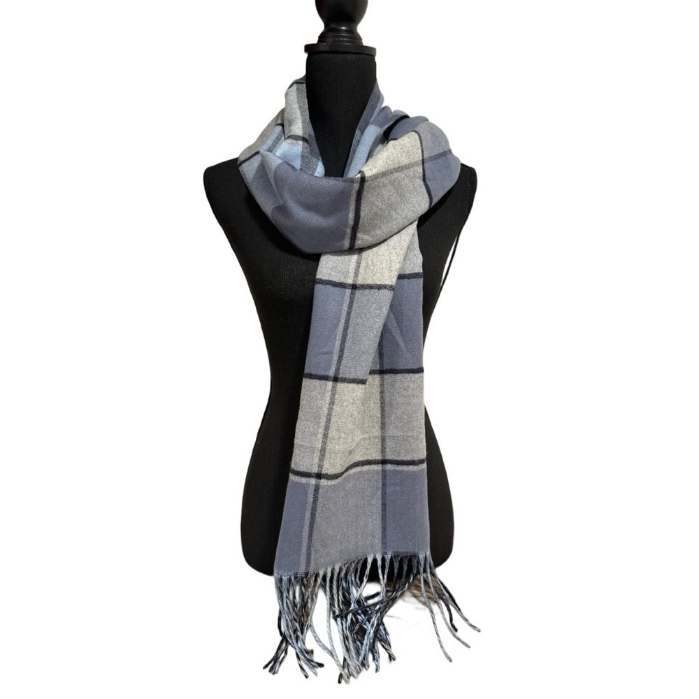 Super SoftDouble sided Plaid & Checked Pattern Blue Toned Long Scarf NEW - Picture 6 of 17